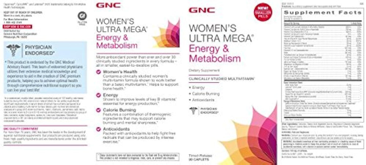 GNC Womens Ultra Mega Energy and Metabolism Multivitamin for Women, 90 Count, for Increased Energy, Metablism, and Calorie Burning