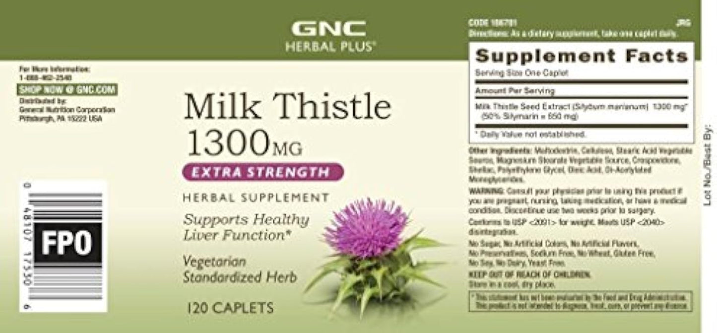 GNC Herbal Plus Milk Thistle 1300mg | Supports Healthy Liver Function | Vegetarian | 120 Count